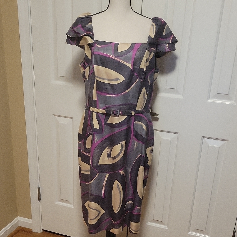 David Meister 100% Silk Abstract Print Sheath Dress Belted Size 12
